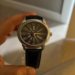 Black Leather Strap Watch with Silver Accents